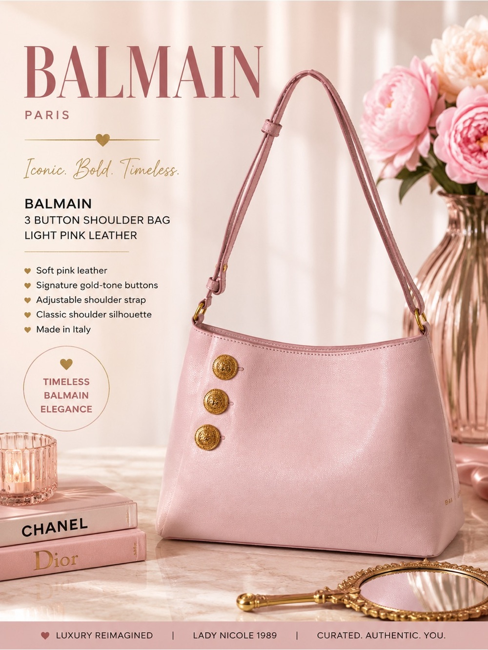 Balmain Paris Pink Leather Shoulder Bag Gold Button Top Handle NWOT